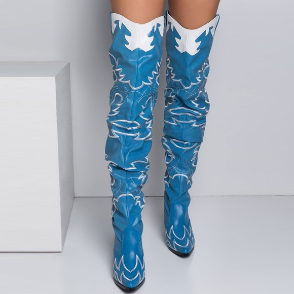 NEW🔥 Denim Blue Slouchy Embroidered Over The Knee Cowboy Cowgirl Western Boots - Picture 3 of 6